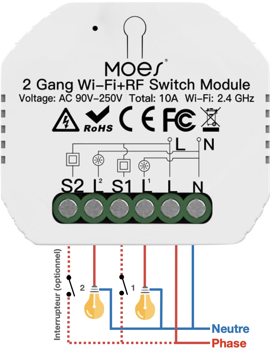 Câblage du micromodule WiFi double interrupteur