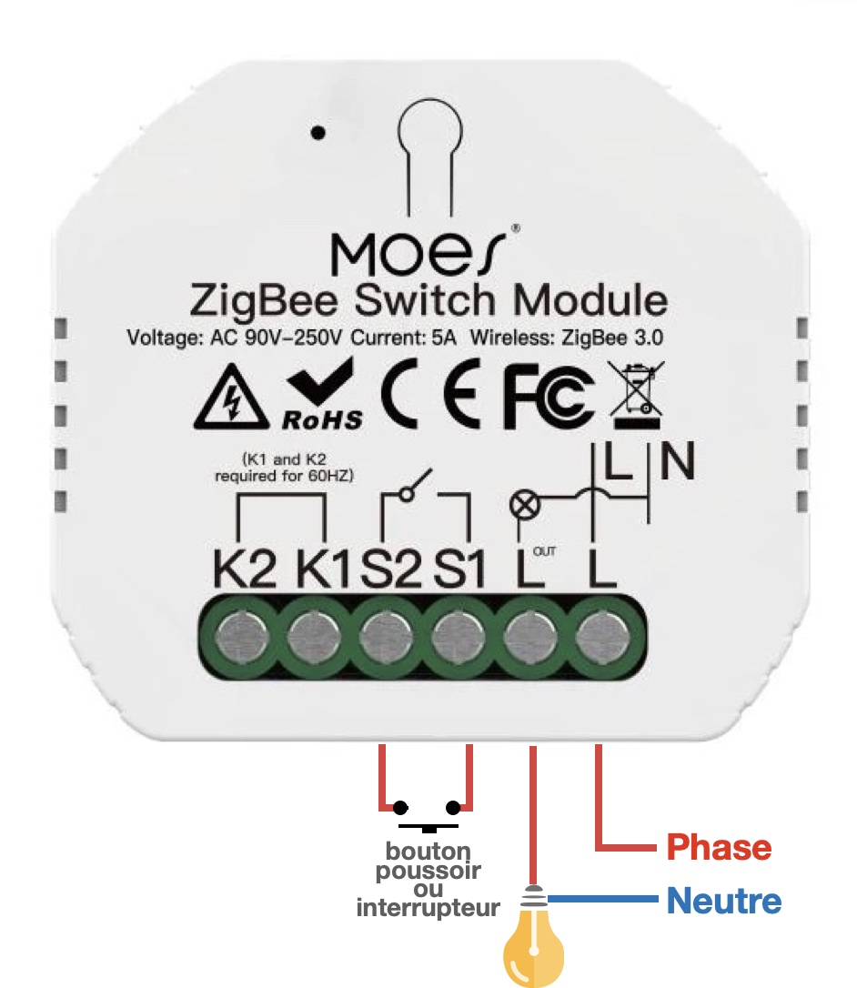 Câblage du micromodule ZigBee interrupteur sans neutre pour éclairage Moes MS105Z