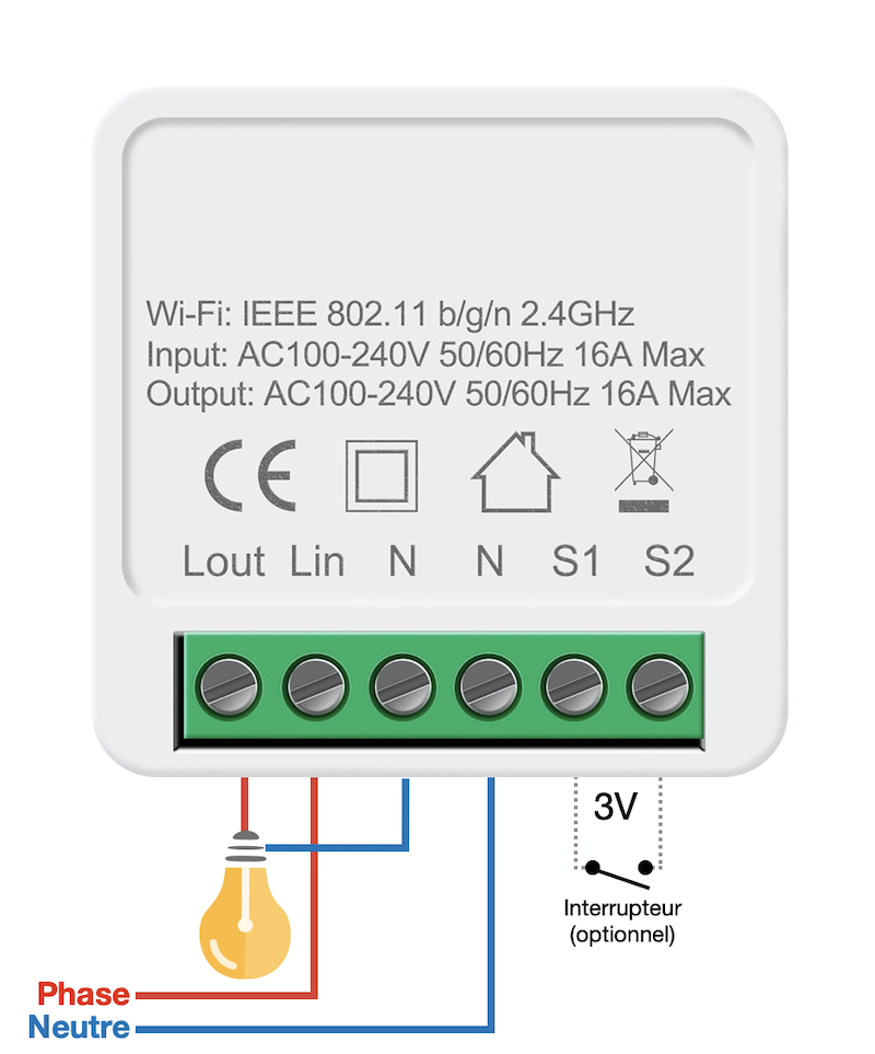 Câblage du micromodule WiFi interrupteur 16A