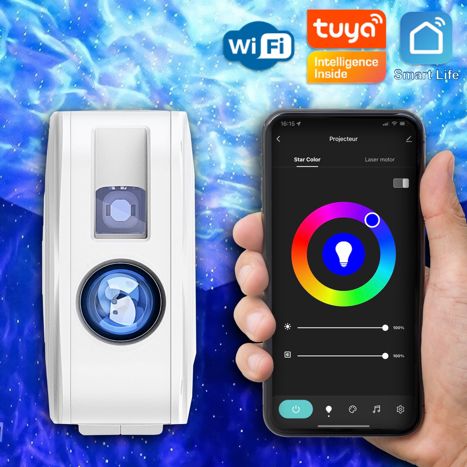 Projecteur WiFi d'ambiances colorées avec synchronisation musicale, compatible Lidl Home et tuya Smart Life