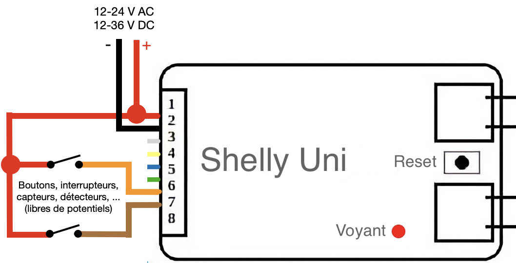Câblage du Smart Implant WiFi Shelly Uni avec des boutons, interrupteurs, capteur ou détecteurs
