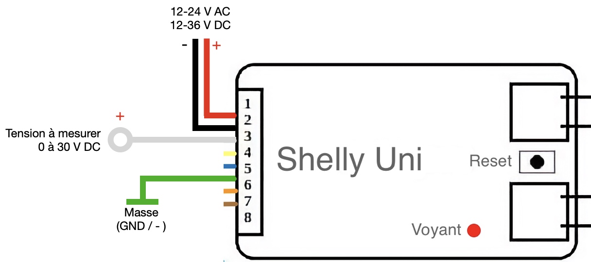 Câblage du Smart Implant WiFi Shelly Uni pour mesurer une tension