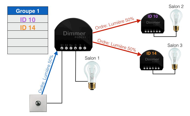 Exemple d'un groupe gérant la lumière grâce à des modules ZWave FGD211