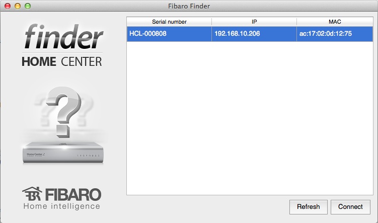 Interface du Fibaro Finder après l'appui sur le bouton Refresh
