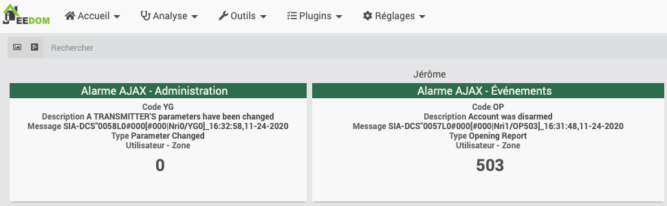 Affichage des Widgets Jeedom du plugin SIA Pro avec les alarmes AJAX Hub