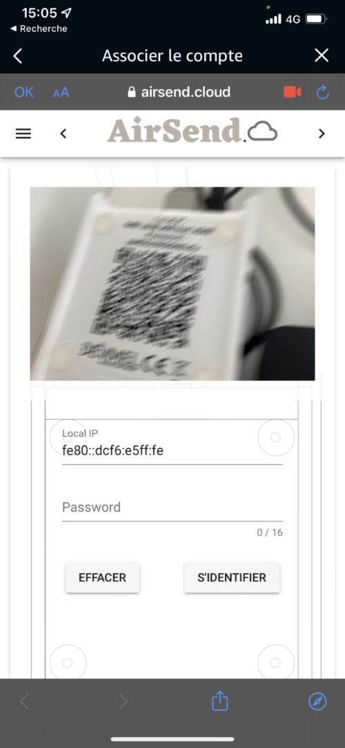 Ajout du AirSend par QR Code (avec app smartphone)