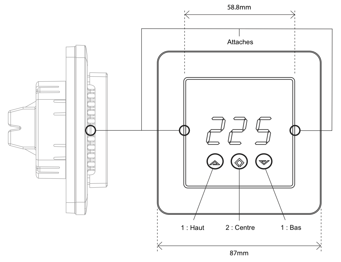 Description de la face avant du thermostat Z-Wave Plus pour plancher chauffant électrique HeatIt Z-TRM3