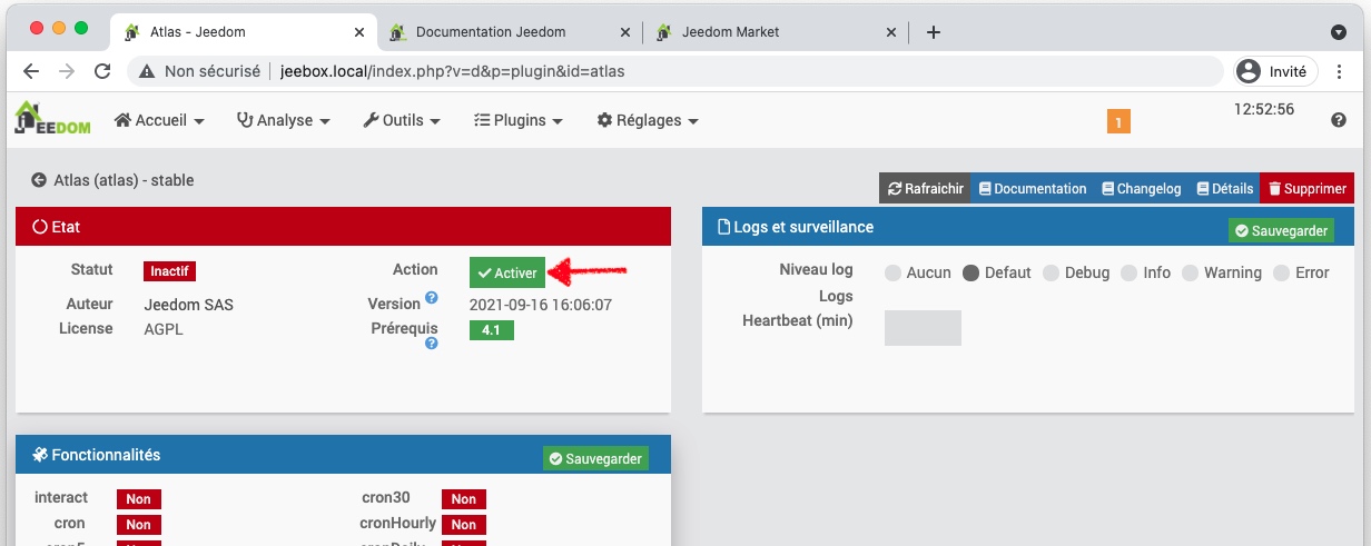 JeeBox avec Jeedom : Activer un plugin