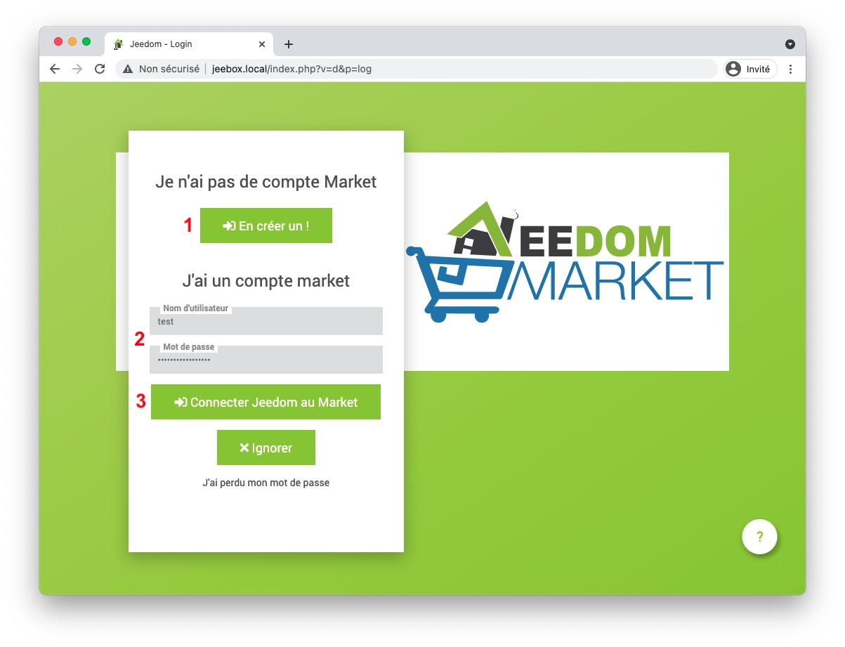 JeeBox avec Jeedom : Créer et lier un compte Market