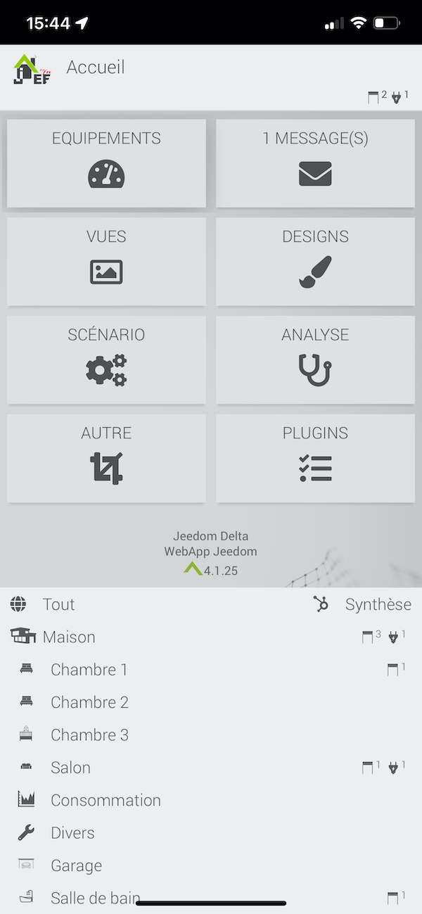 Page d'accueil de la Web Application smartphone de Jeedom
