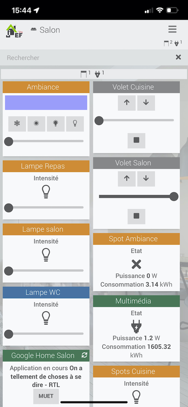 Widgets de commande d'équipements de la Web Application smartphone de Jeedom
