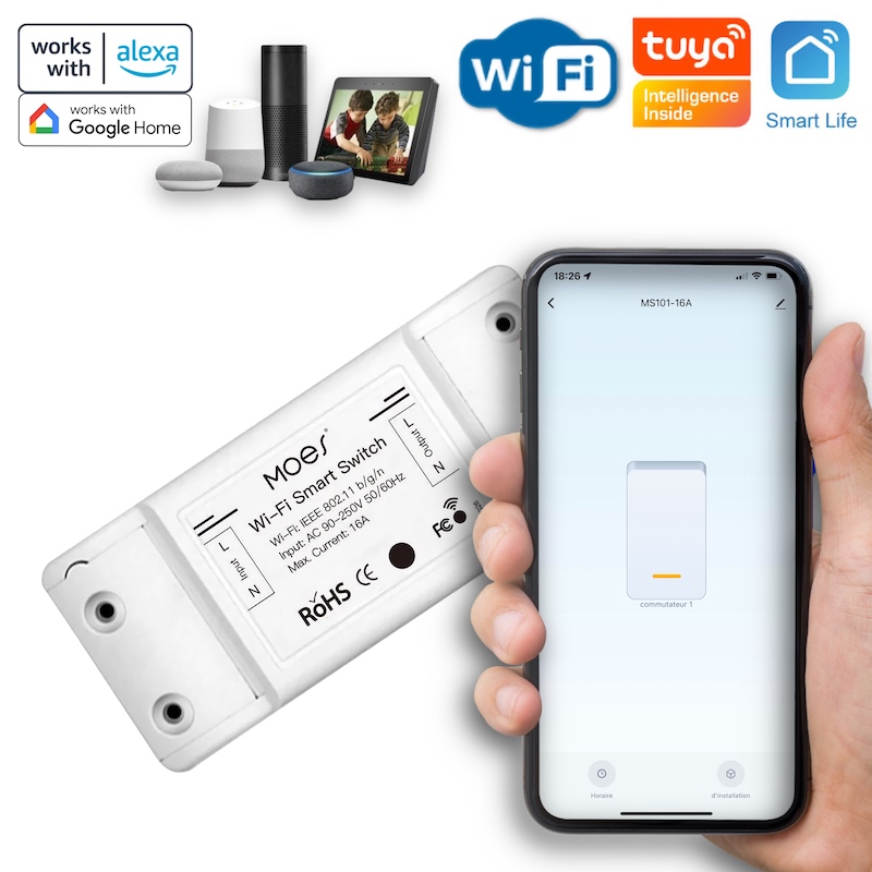 Interrupteur WiFi sur câble compatible Tuya Smart Life, Lidl Home, Google Home, Amazon Alexa et Siri Shortcuts MOES MS101 / MS101-16A