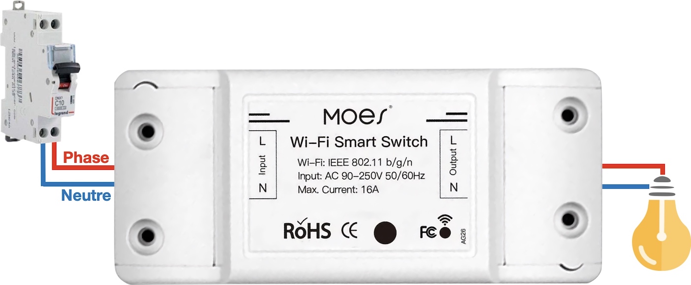 Câblage de l'interrupteur WiFi sur câble compatible Amazon Alexa, Google Home, Tuya Smart Life et Lidl Home