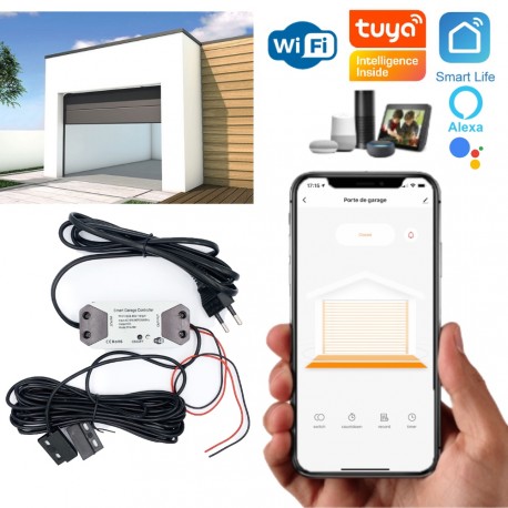 Kit de commande WiFi pour porte de garage avec capteur d'ouverture compatible app smartphone Tuya Smart Life, Amazon Alexa, Nest