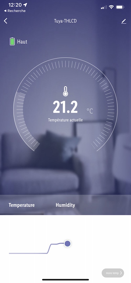 Menu du thermomètre hygromètre WiFi dans l'application Lidl Home ou Tuya Smart Life