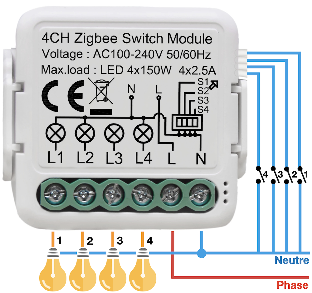 Câblage du micromodule ZigBee interrupteur 4 sorties ZigBee-MM4S2A