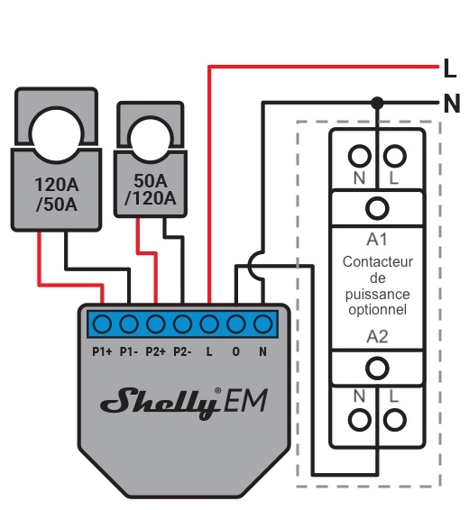 Câblage du module de mesure de consommation Shelly EM avec 2 circuits monophasés