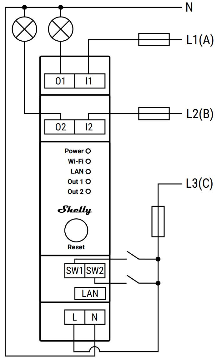 Câblage du Shelly Pro 2, module WiFi DIN contacteur / télérupteur double sorties