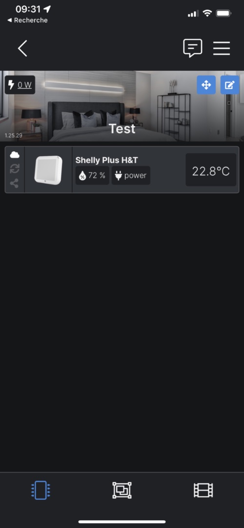 Affichage de la température et humidité sur le Widget de l'application smartphone iPhone (iOS) et Android du Thermomètre Hygromètre WiFi Shelly Plus H&T