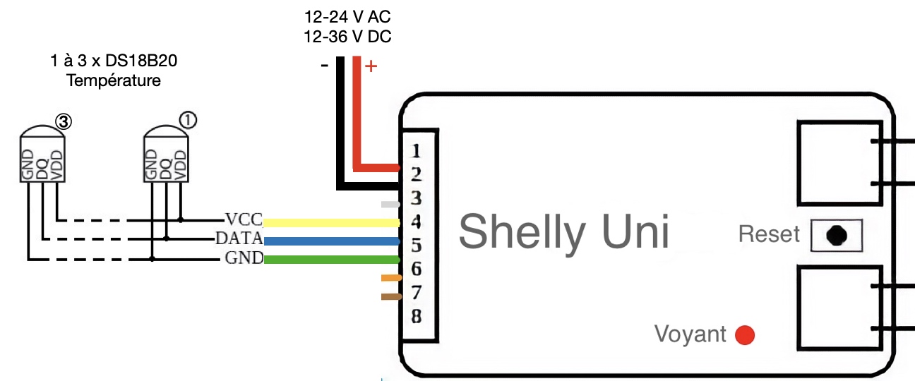 Câblage du Smart Implant WiFi Shelly Uni avec des sondes de température DS18B20