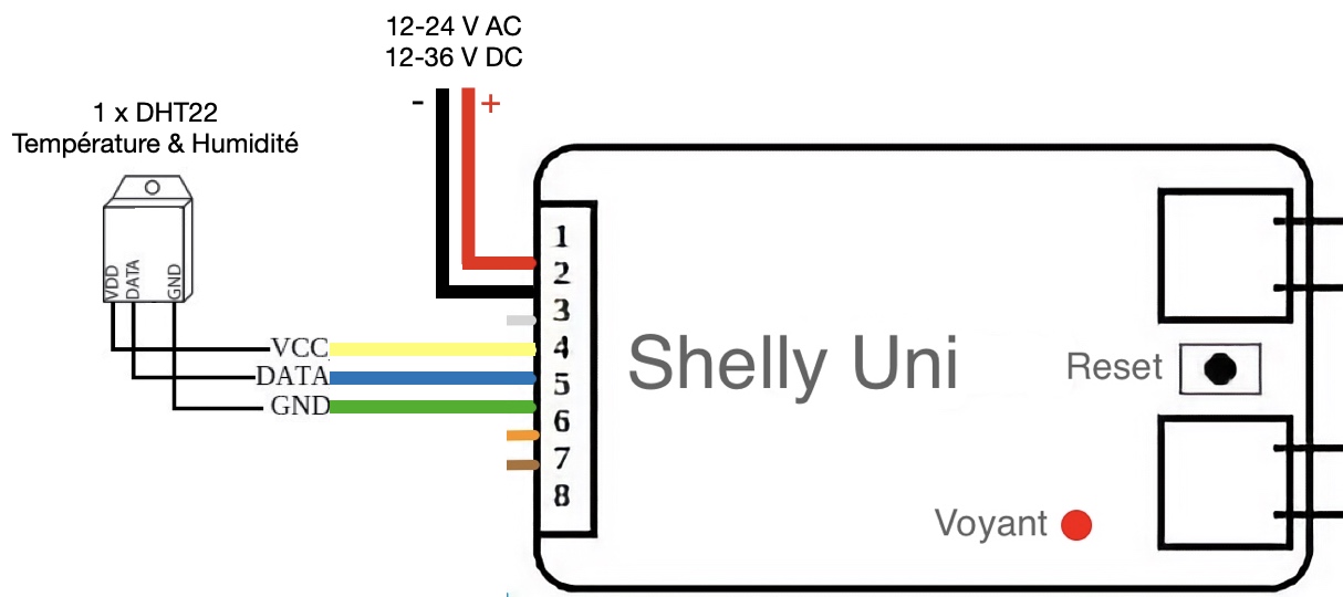 Câblage du Smart Implant WiFi Shelly Uni avec des sondes de température et humidité DHT22