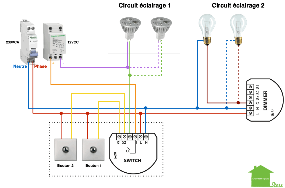 Domotiser son eclairage avec un fibaro FGS-212 et FGD-212 avec avec le neutre aux boutons cas de deux circuits d'éclairage sur puissance separee