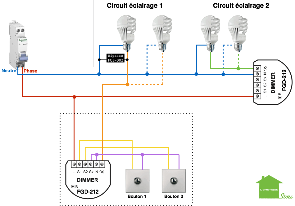 Domotiser son éclairage avec un fibaro FGD-212 sans le neutre au niveau des boutons avec deux circuits d'éclairage à commander