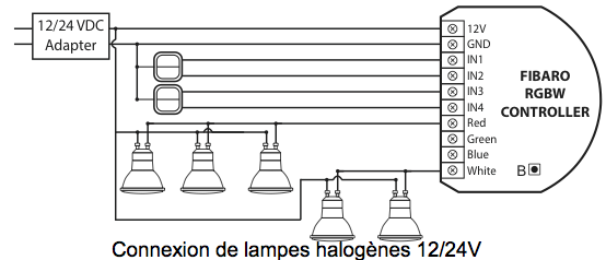 Schémas de câblage Fibaro RGBW avec lampe halogènes 12V ou 24V