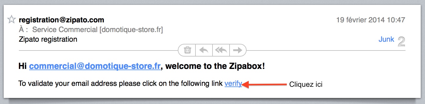 ZIPABOX : mail de confirmation de la création de compte My.Zipato